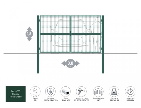 Poarta metalica batanta OPTIMA 3D H-1,8m L-3,0m RAL 6005