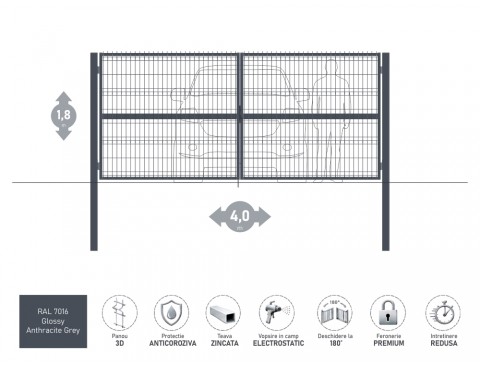 Poarta metalica batanta OPTIMA 3D H-1,8m L-4,0m RAL 7016