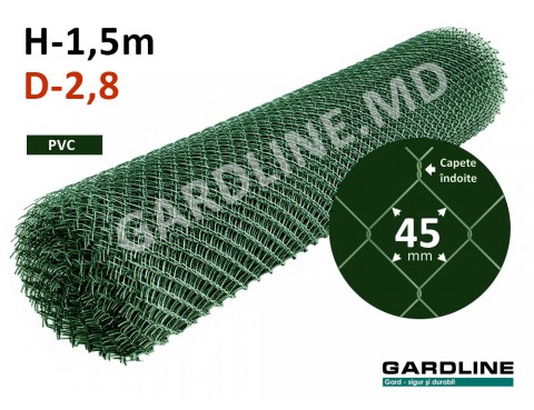 Сетка Рабица ПВХ Зеленая 45х45мм D-2,8мм H-1,5м L-10м
