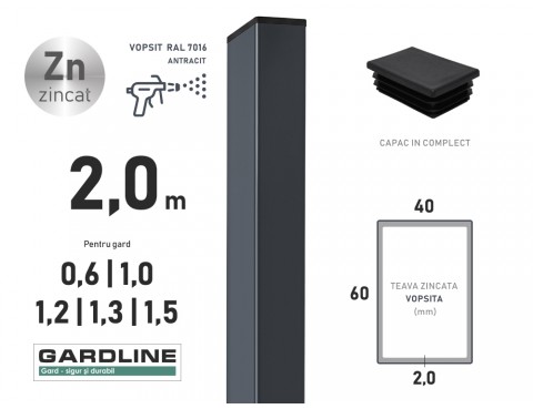 Stalp zincat 60x40x2,0mm L-2,0m RAL 7016