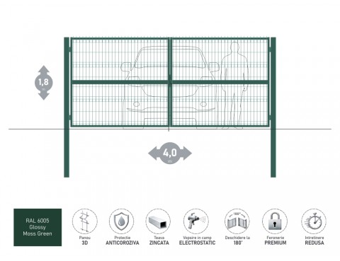 Poarta metalica batanta OPTIMA 3D H-1,8m L-4,0m RAL 6005