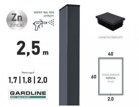 Stalp zincat 60x40x2,0mm L-2,5m RAL 7016