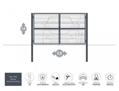 Poarta metalica batanta OPTIMA 3D H-1,8m L-3,0m RAL 7016