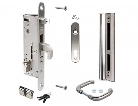 H-METALSET 80I – Set complet cu broască încastrată din oțel inoxidabil, destinată porților din oțel sau aluminiu.