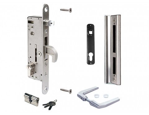 H-METALSET 54M – Set complet cu broască încastrată din oțel inoxidabil, destinată porților din oțel sau aluminiu.
